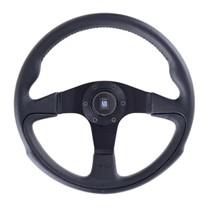 Nardi Challenge Steering Wheel - Black leather/grey cross-stitching/Black anodized spokes/horn button with Nardi logo - 350mm	