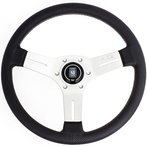 Nardi Competition Steering Wheel - Black perforated leather/grey cross-stitching/white anodized spokes/horn button with Nardi logo - 330mm	