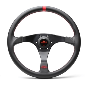 Personal Trophy Steering Wheel - Black Leather with Black Spokes Red Stitching- 350mm
