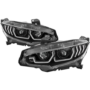 Spyder Head Lights - Honda Civic 16-21 2DR/4DR/Hatchback (will not fit factory led headlight equipped vehicles) W/ LED Sequential Turn Signal Lights Projector Headlight - Black