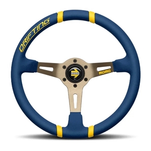 MOMO Drifting 350 Diam 90 Dish Blue Microfiber Anthracite Spokes Yellow Inserts