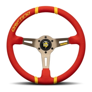 MOMO Drifting 350 Diam 90 Dish Red Microfiber Anthracite Spokes Yellow Inserts