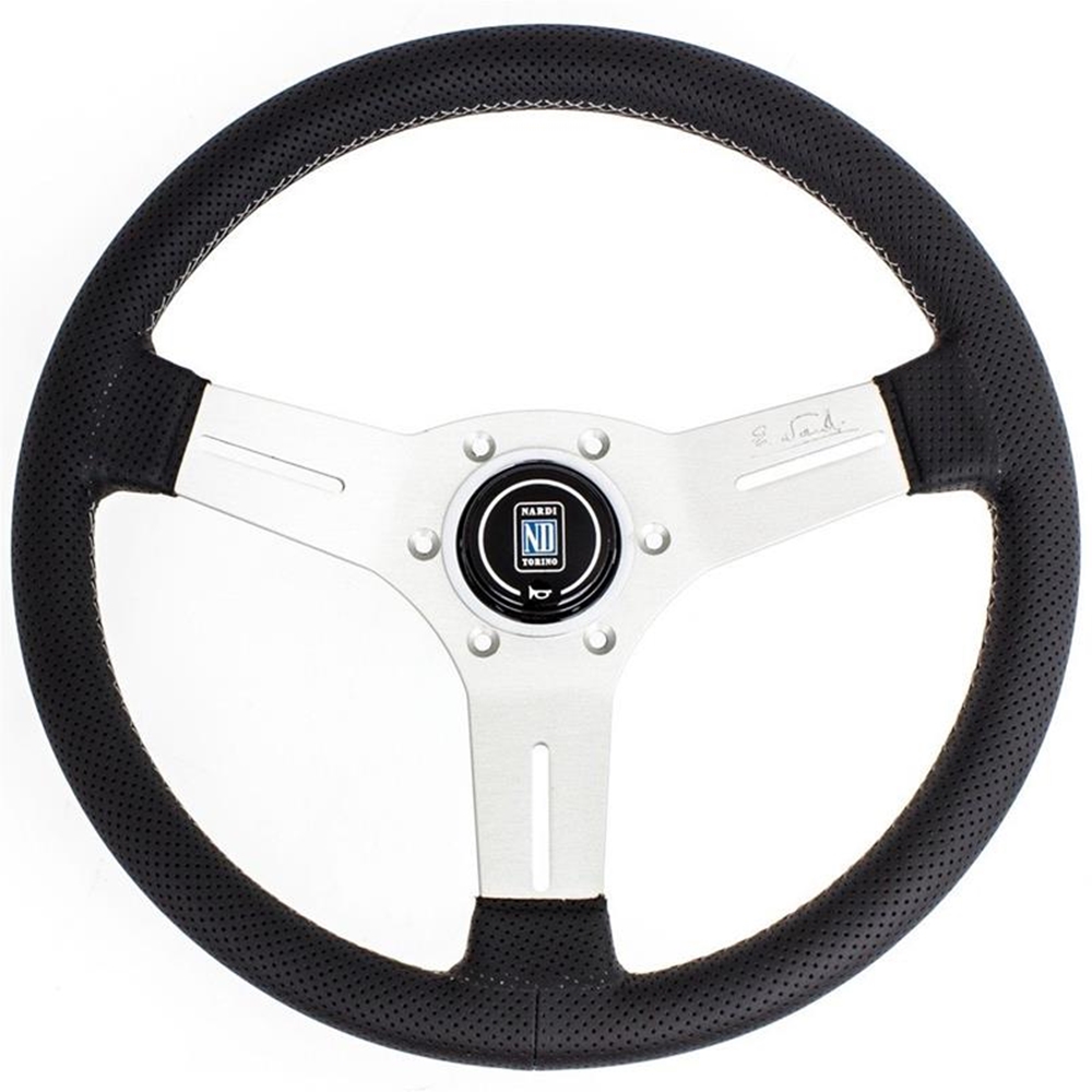Nardi Competition Steering Wheel - Black perforated leather/grey  cross-stitching/white anodized spokes/horn button with Nardi logo - 330mm