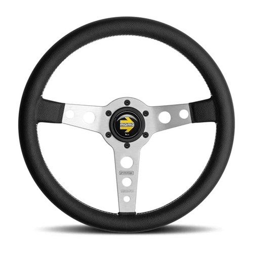 Momo Prototipo Steering Wheel 350 mm - Black Leather/Wht Stitch/Brshd Spokes