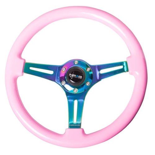 Classic Wood Grain Wheel, 350mm 3 Neochrome spokes, solid pink painted grip