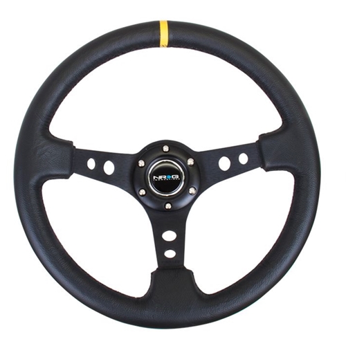 Reinforced Steering Wheel - 350mm Sport Steering Wheel (3" Deep) - Black Spoke w/ Round holes / Black Leather / Yellow Stripes