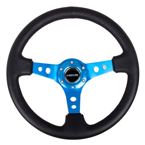 Reinforced Steering Wheel - 350mm Sport Steering Wheel (3" Deep) - Blue Spoke w/ Round holes / Black Leather