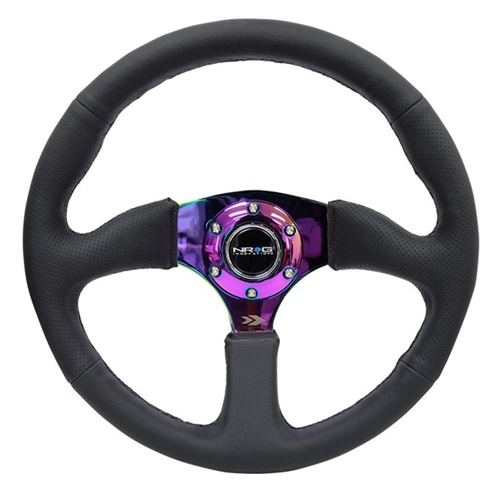 Reinforced Steering Wheel- 350mm Sport Leather Racing ( 2.5" Deep) Comfort Grip, 4mm metal neochrome spoke