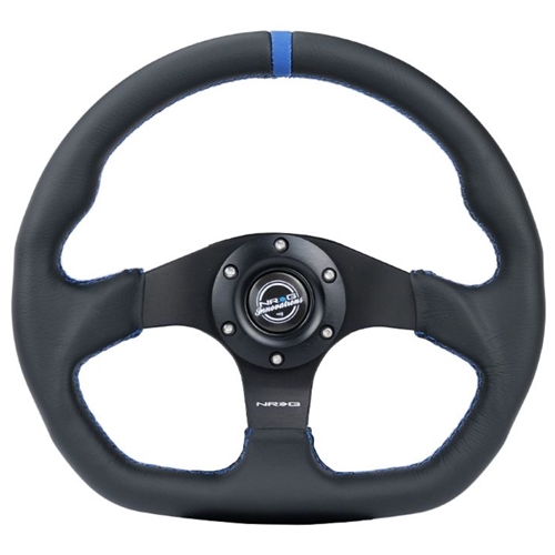 Reinforced Steering Wheel - 320mm Sport Leather flat bottom with Blue center mark, Blue stitching