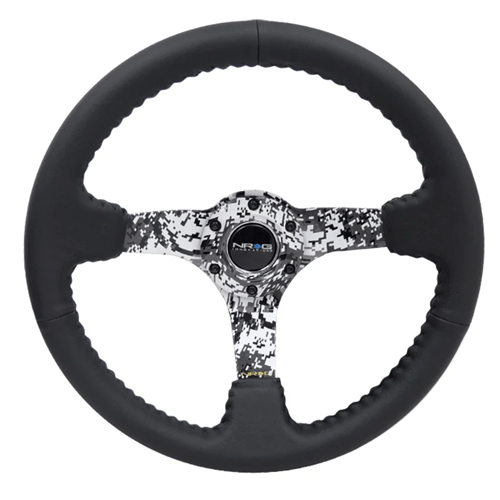 Reinforced Steering Wheel - Hydro Dipped Digital Camo 3" Deep, 5mm spoke, 350mm Sport Steering Wheel Black Leather w/ Black baseball stitching