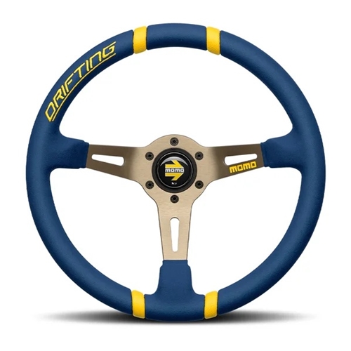 MOMO Drifting 350 Diam 90 Dish Blue Microfiber Anthracite Spokes Yellow Inserts