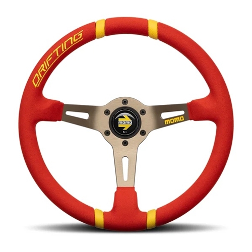 MOMO Drifting 350 Diam 90 Dish Red Microfiber Anthracite Spokes Yellow Inserts
